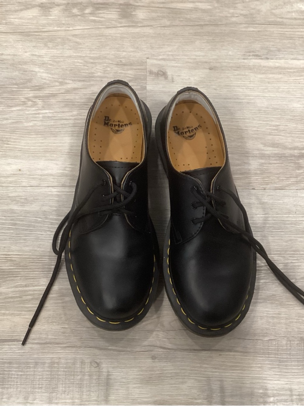 Dr. Martens women’s Black 3-Eye Shoe with Yellow Stitching